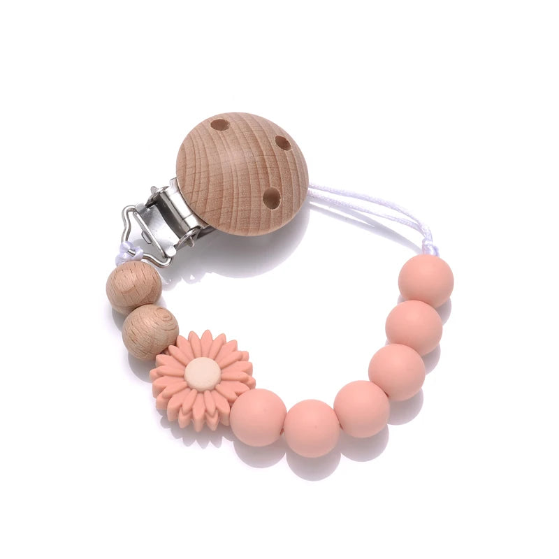 Baby Wooden Dummy Holder Clip Handmade Flowers Silicone Beaded
