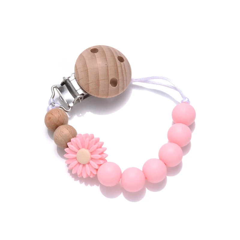 Baby Wooden Dummy Holder Clip Handmade Flowers Silicone Beaded