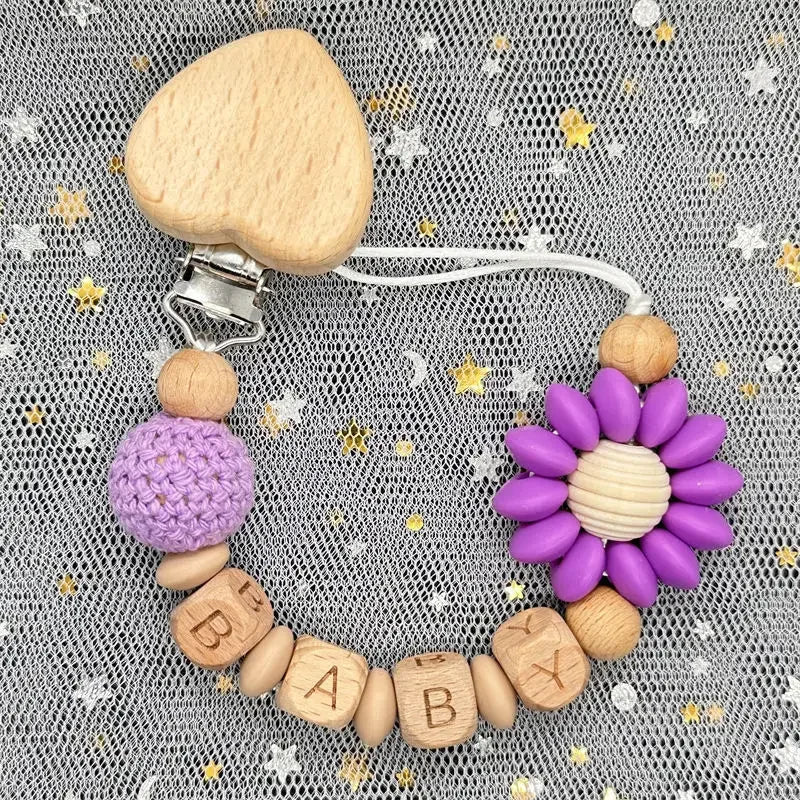 Flowers Custom Name Silicone Beads Wooden Ring Pacifier Clips