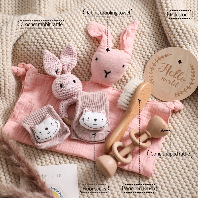 Baby Gift Set Newborn Infant Baby Towel, Wood Rattle Growth Milestone,Wool Brush Baby Socks