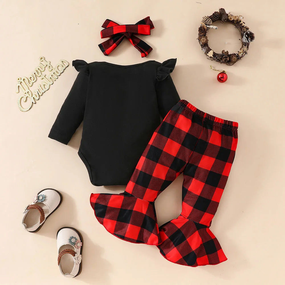 Christmas Baby Girl Outfit Set - Elk Print Bodysuit & Plaid Pants