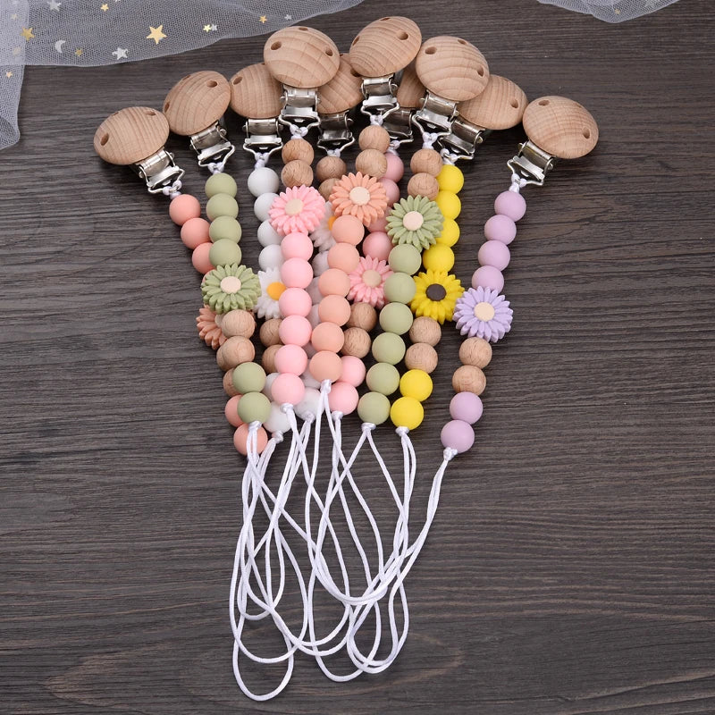 Baby Wooden Dummy Holder Clip Handmade Flowers Silicone Beaded
