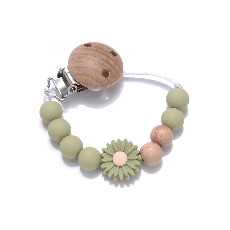 Baby Wooden Dummy Holder Clip Handmade Flowers Silicone Beaded