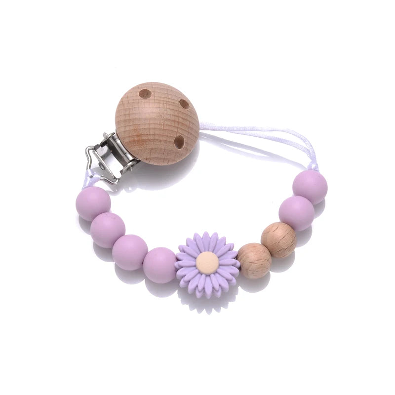 Baby Wooden Dummy Holder Clip Handmade Flowers Silicone Beaded