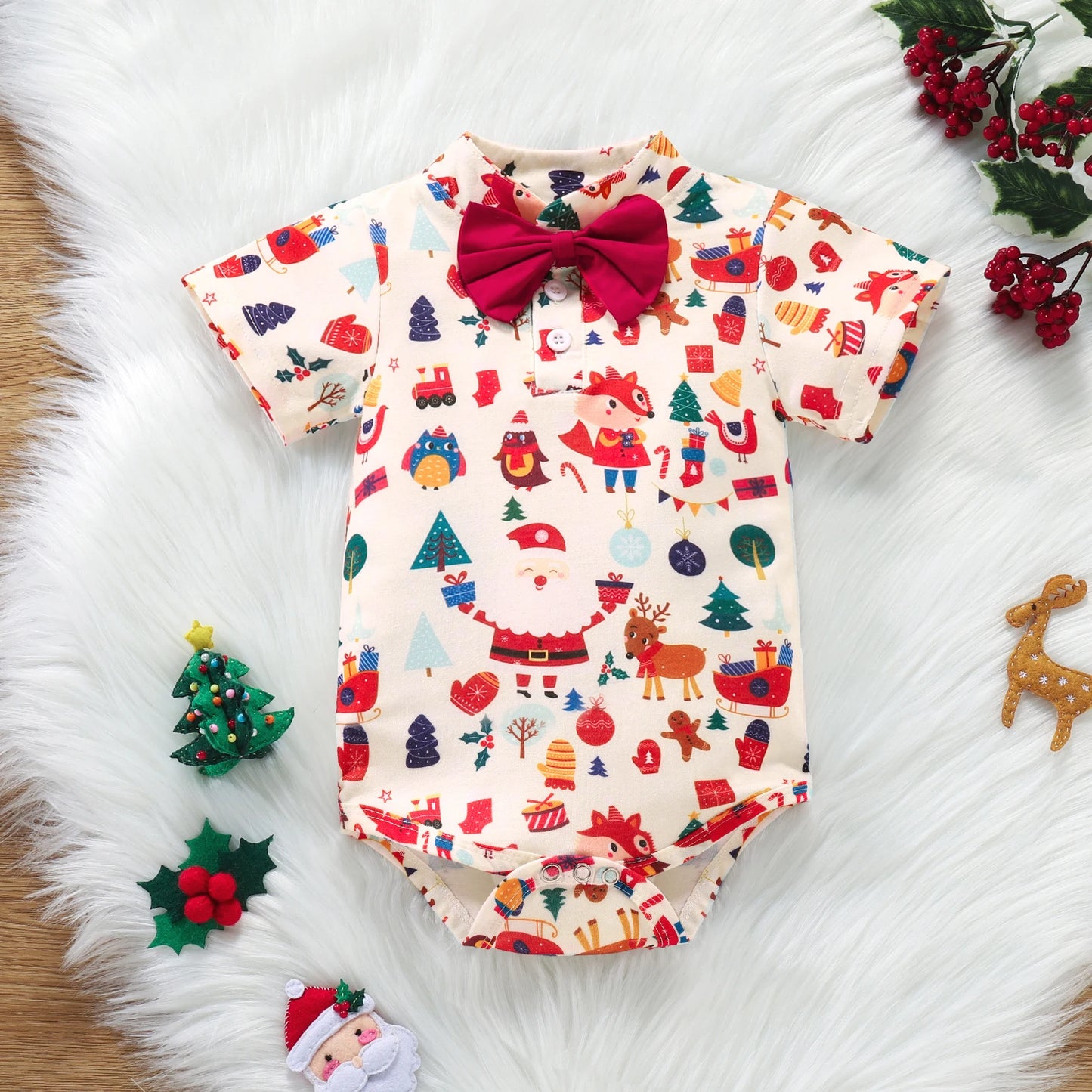 Christmas Baby Outfit Set - Polo Romper & Brace Shorts for Newborns