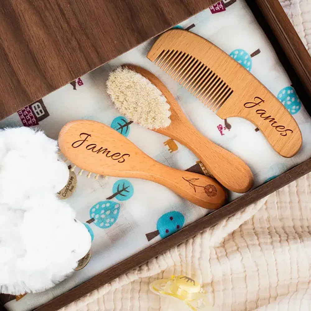3 Pcs Personalized Wooden Baby Brush & Comb Set