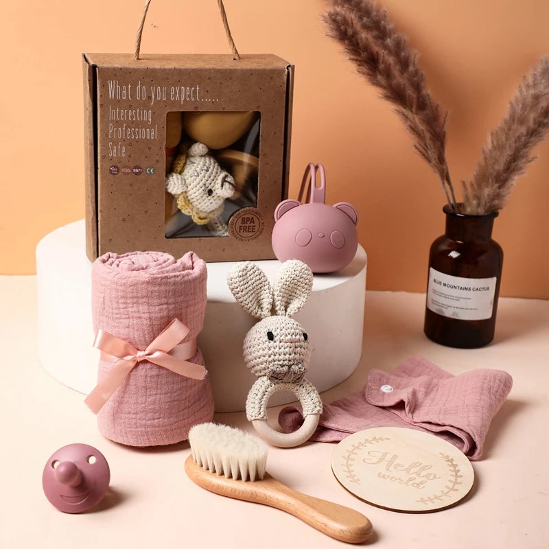 Baby Gift Set Newborn Infant Baby Towel, Wood Rattle Growth Milestone,Wool Brush Baby Socks