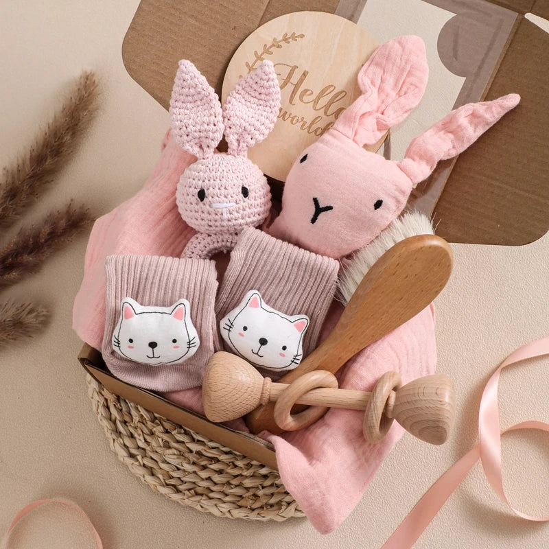 Baby Gift Set Newborn Infant Baby Towel, Wood Rattle Growth Milestone,Wool Brush Baby Socks