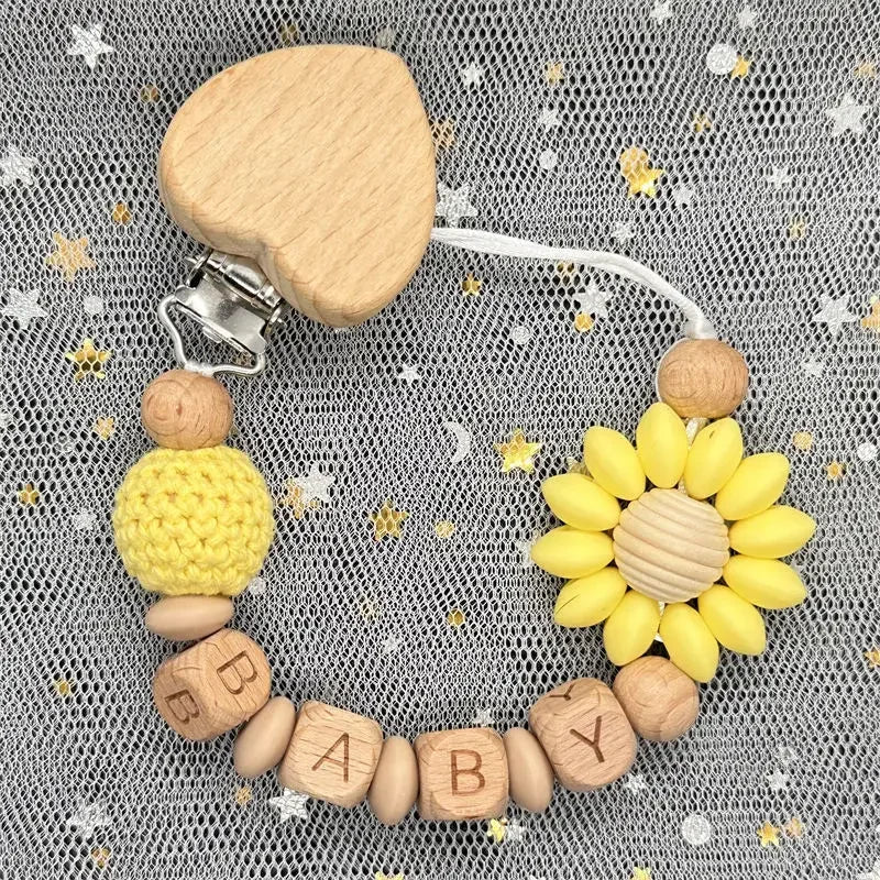 Flowers Custom Name Silicone Beads Wooden Ring Pacifier Clips