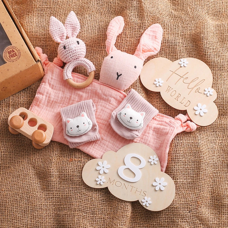 Newborn Double Sided Cotton Blanket Wooden Ring Crochet Bunny Rattle Toys