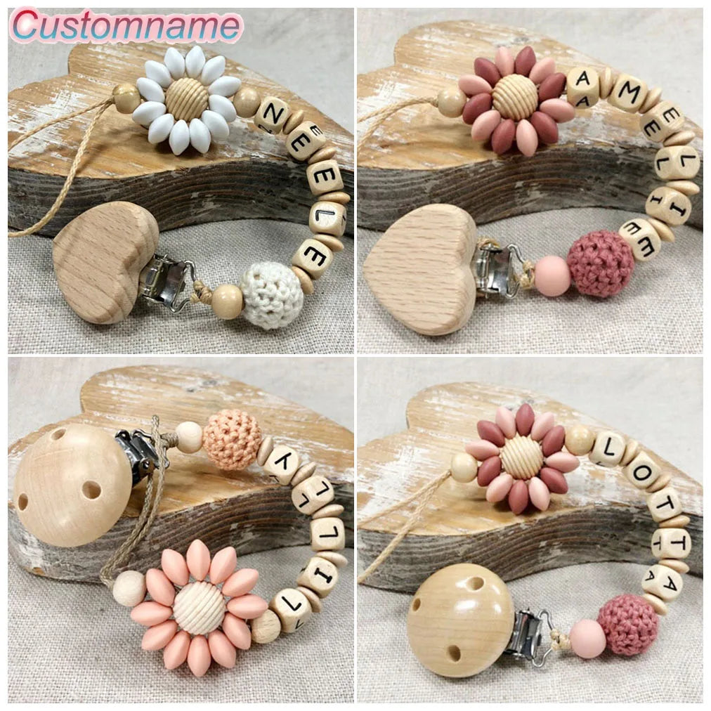 Flowers Custom Name Silicone Beads Wooden Ring Pacifier Clips