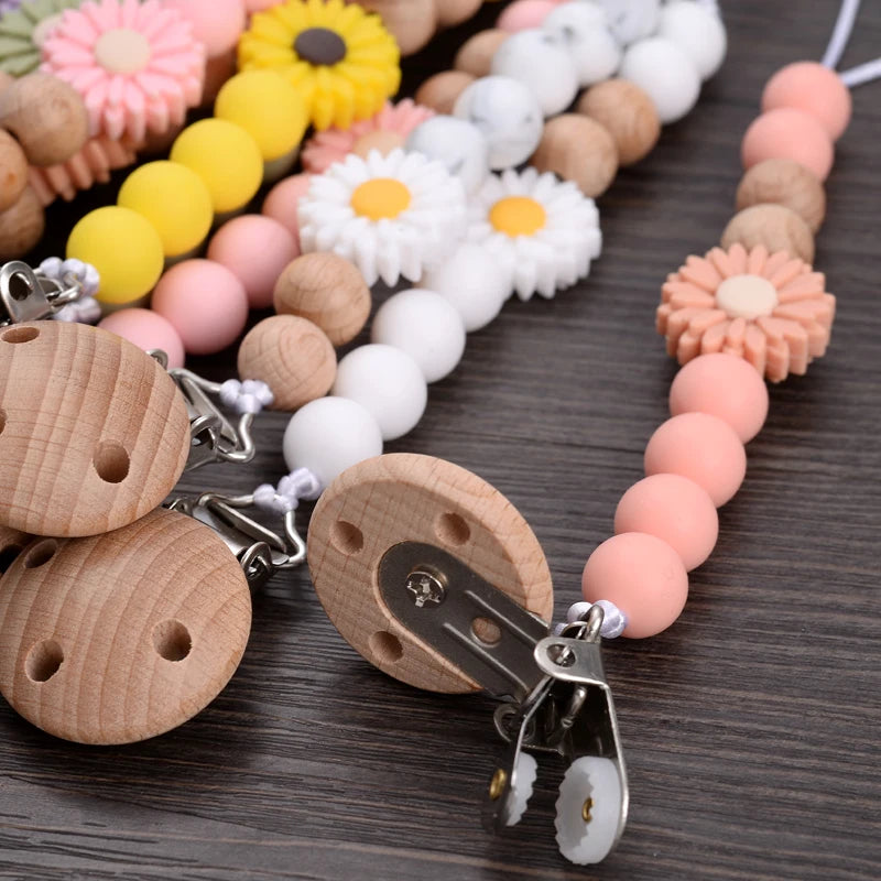 Baby Wooden Dummy Holder Clip Handmade Flowers Silicone Beaded