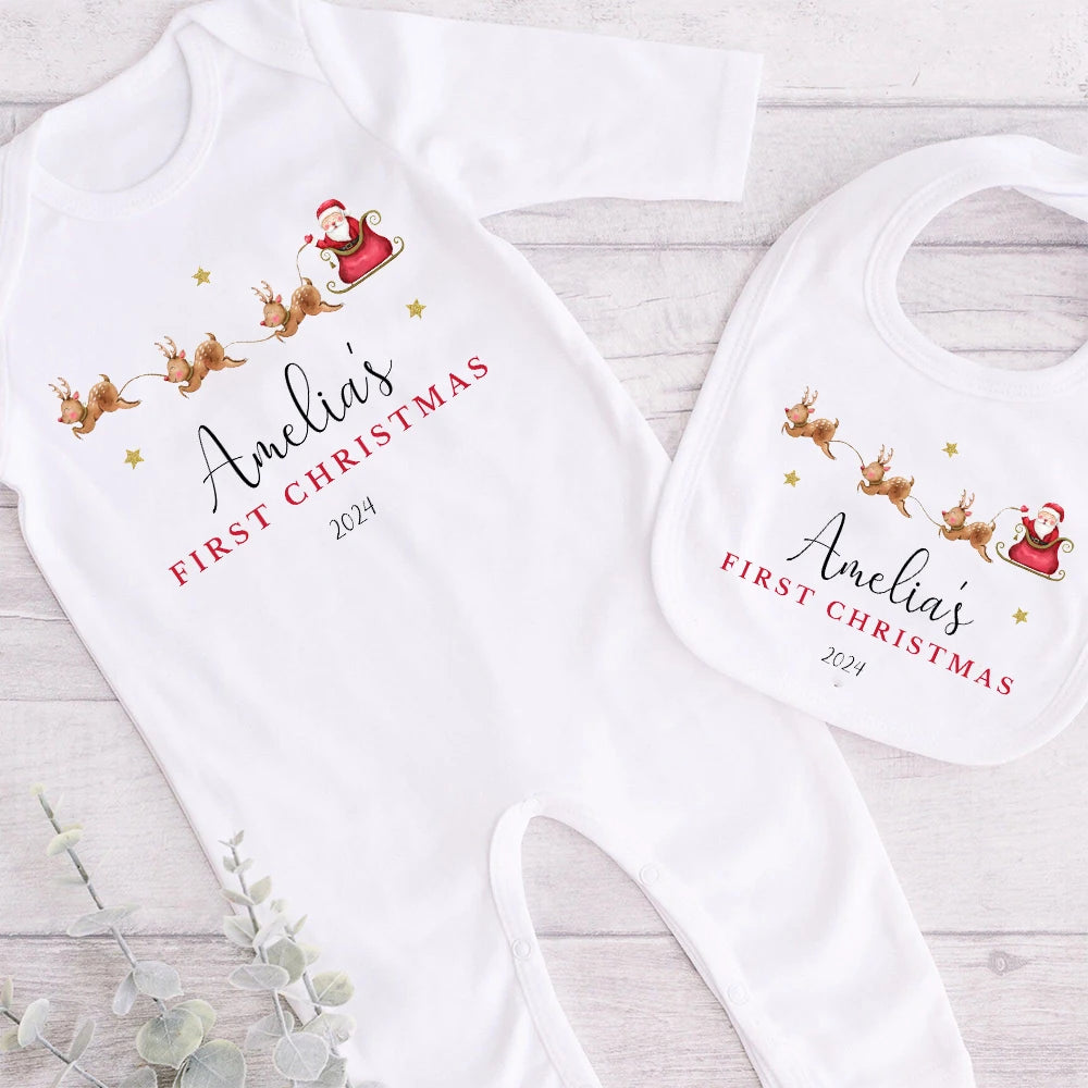 Personalized Baby's First Christmas Sleepsuit & Bibs Set - 1st Xmas Gift