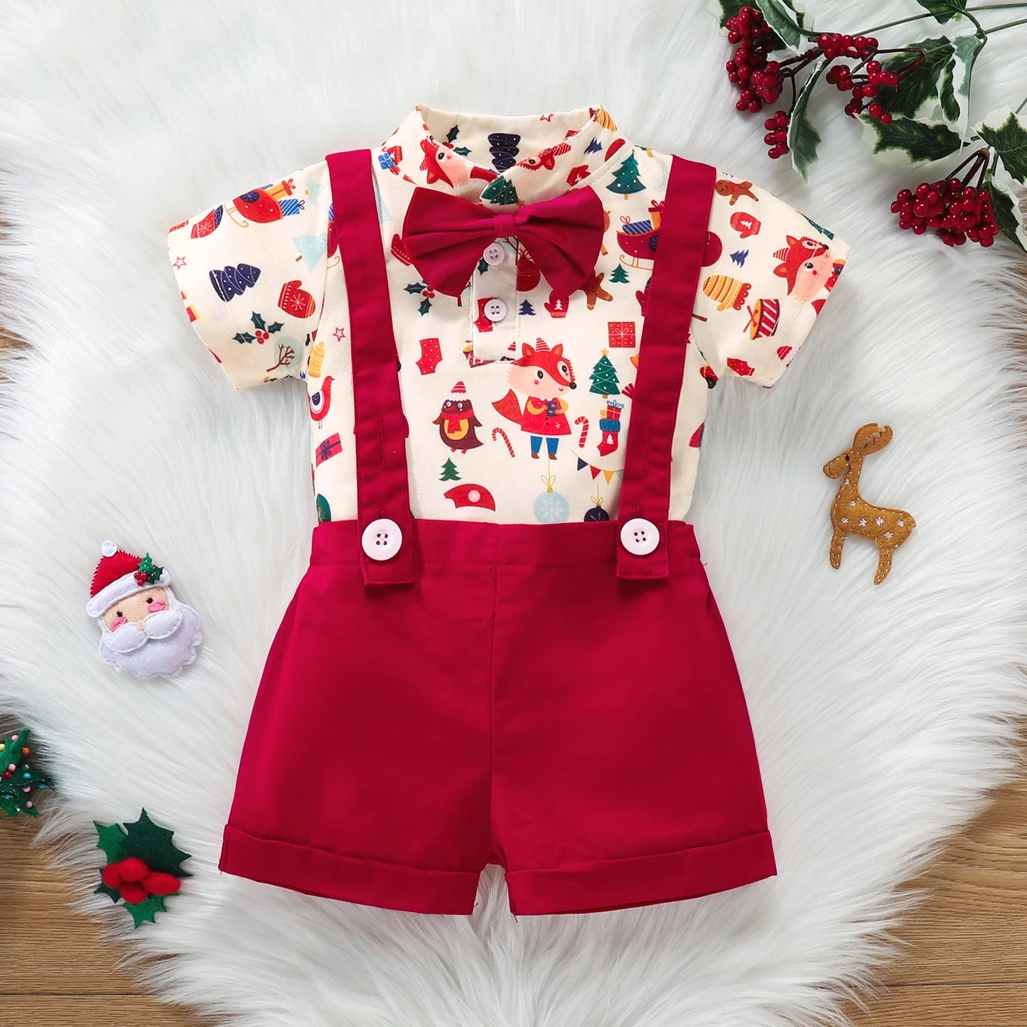 Christmas Baby Outfit Set - Polo Romper & Brace Shorts for Newborns