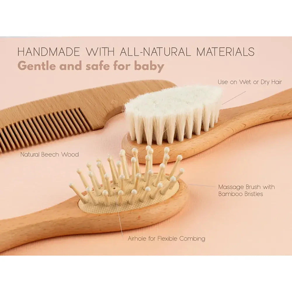 3 Pcs Personalized Wooden Baby Brush & Comb Set