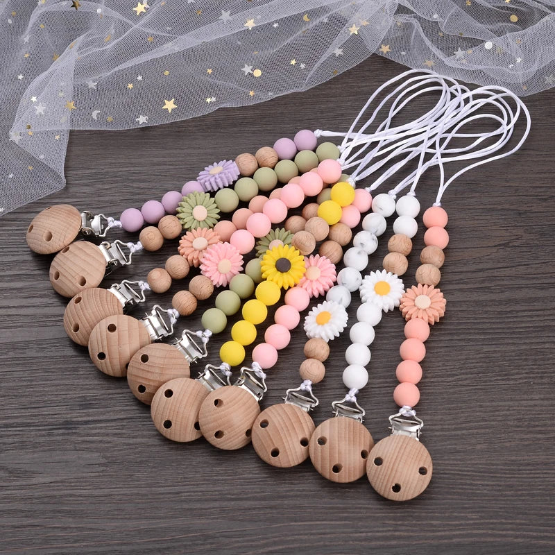 Baby Wooden Dummy Holder Clip Handmade Flowers Silicone Beaded