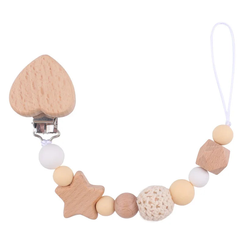 Customized Baby Carve  Five Pointed Star Silicone Wooden Ring Pacifier Clip