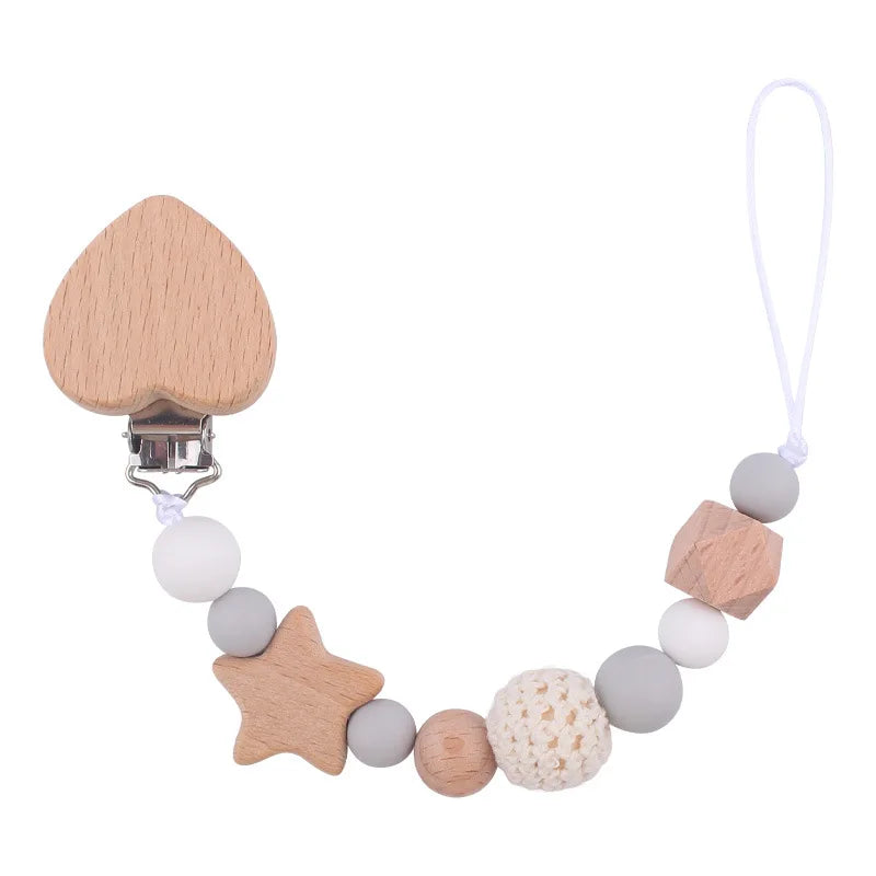 Customized Baby Carve  Five Pointed Star Silicone Wooden Ring Pacifier Clip