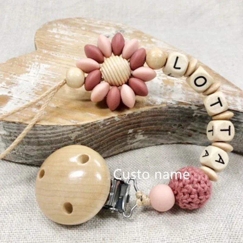 Flowers Custom Name Silicone Beads Wooden Ring Pacifier Clips