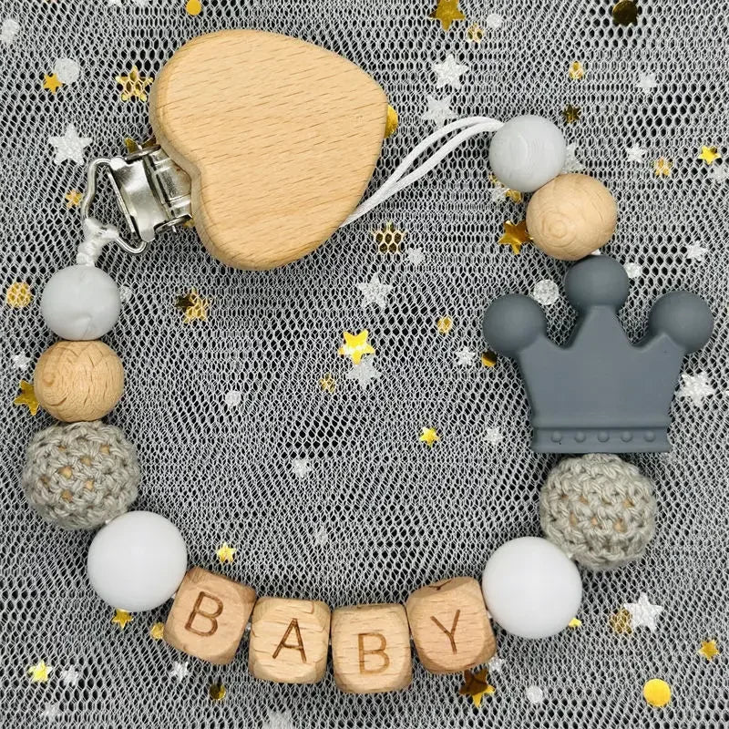 Flowers Custom Name Silicone Beads Wooden Ring Pacifier Clips