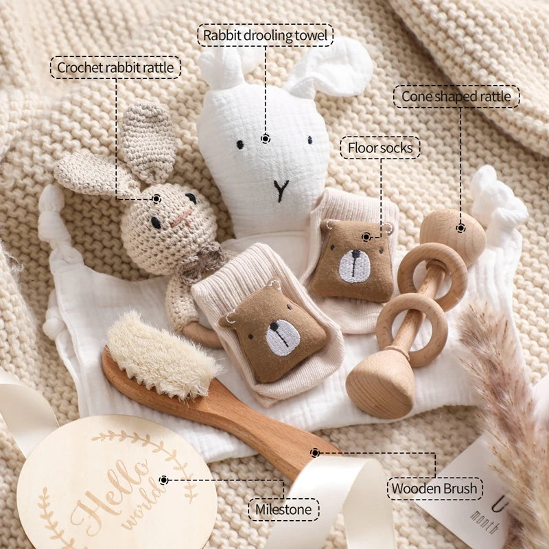 Baby Gift Set Newborn Infant Baby Towel, Wood Rattle Growth Milestone,Wool Brush Baby Socks