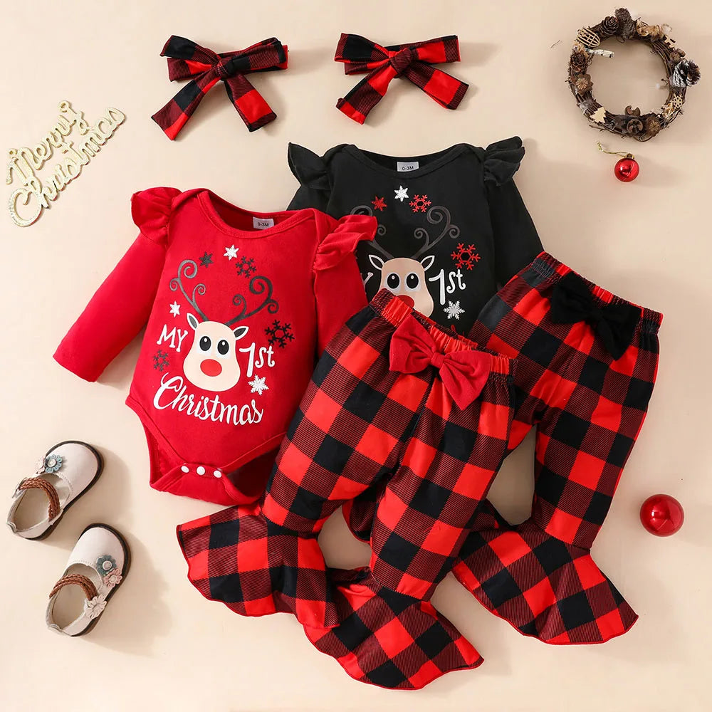 Christmas Baby Girl Outfit Set - Elk Print Bodysuit & Plaid Pants