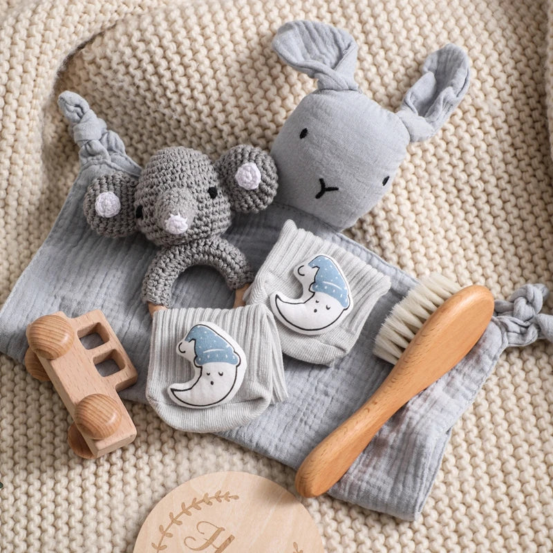 Baby Gift Set Newborn Infant Baby Towel, Wood Rattle Growth Milestone,Wool Brush Baby Socks