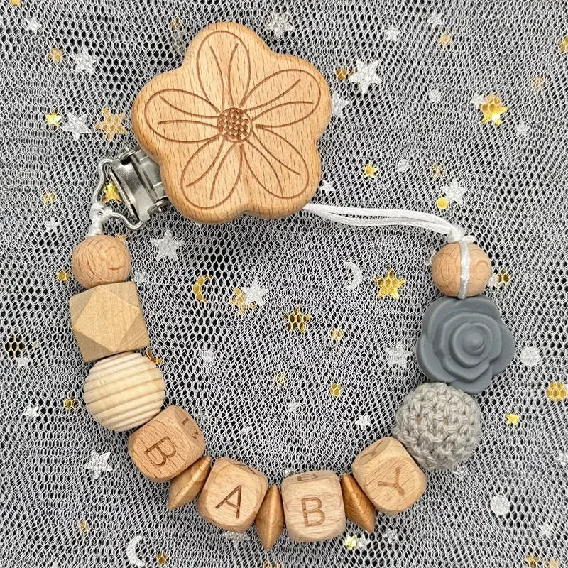 Flowers Custom Name Silicone Beads Wooden Ring Pacifier Clips