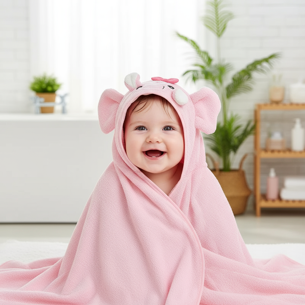 Baby after bath in pink elephant blanket
