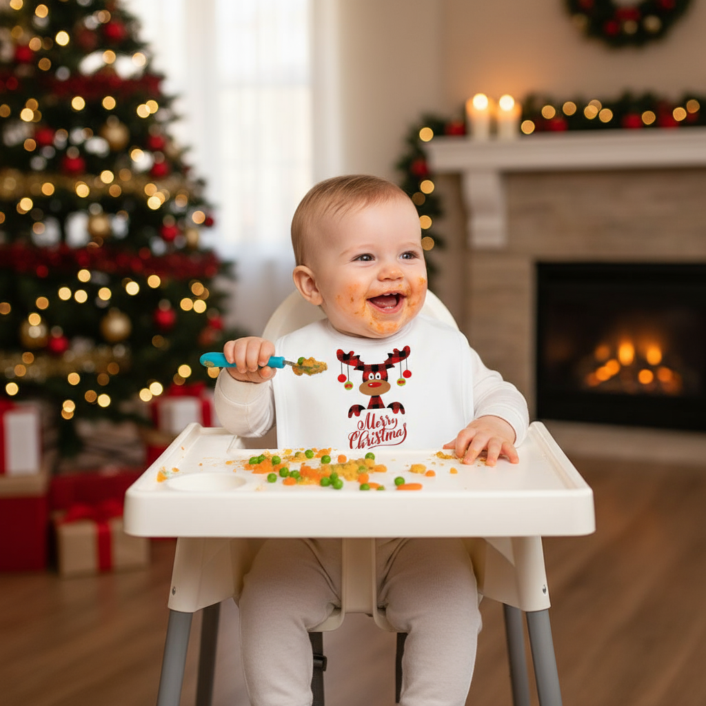 Baby eating with Christmas reindeer bib