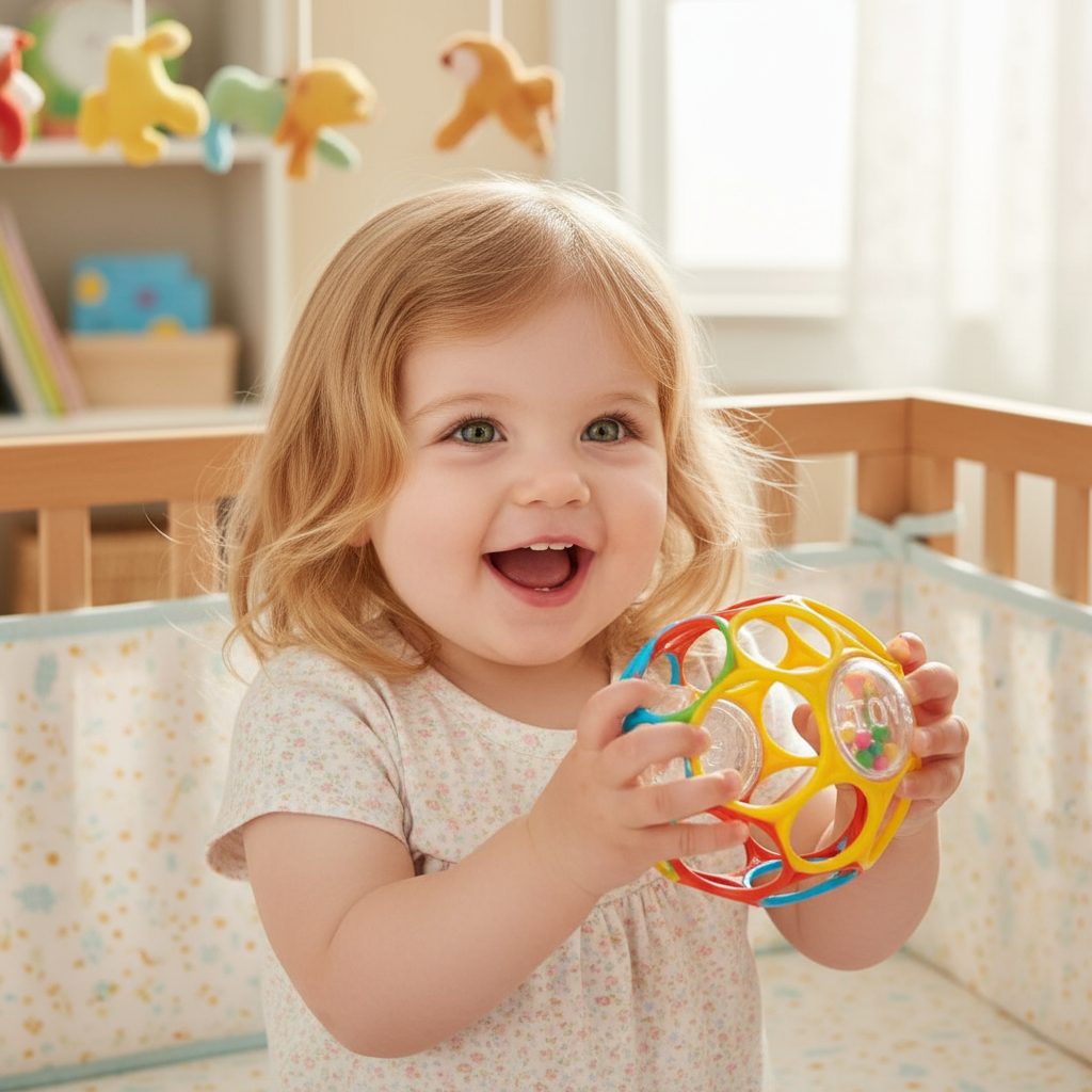 Baby girl playing with colorful ball toy