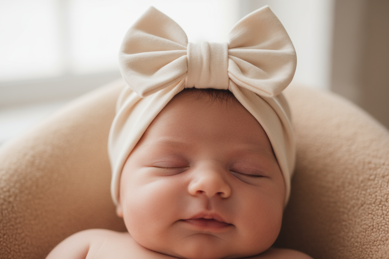 Baby girl wearing newborn beanie hat with bow