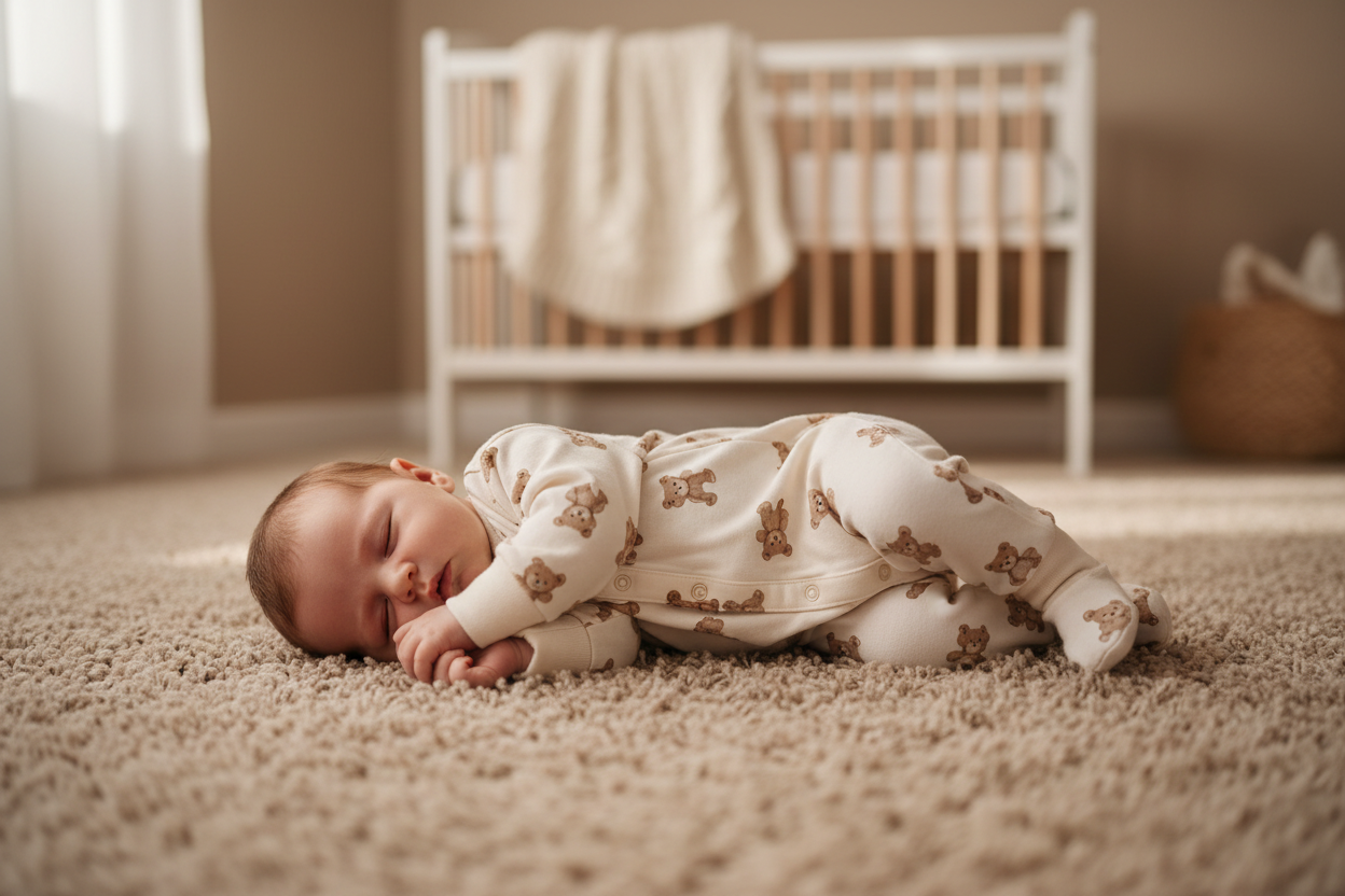 Baby in bear print romper on carpet near crib