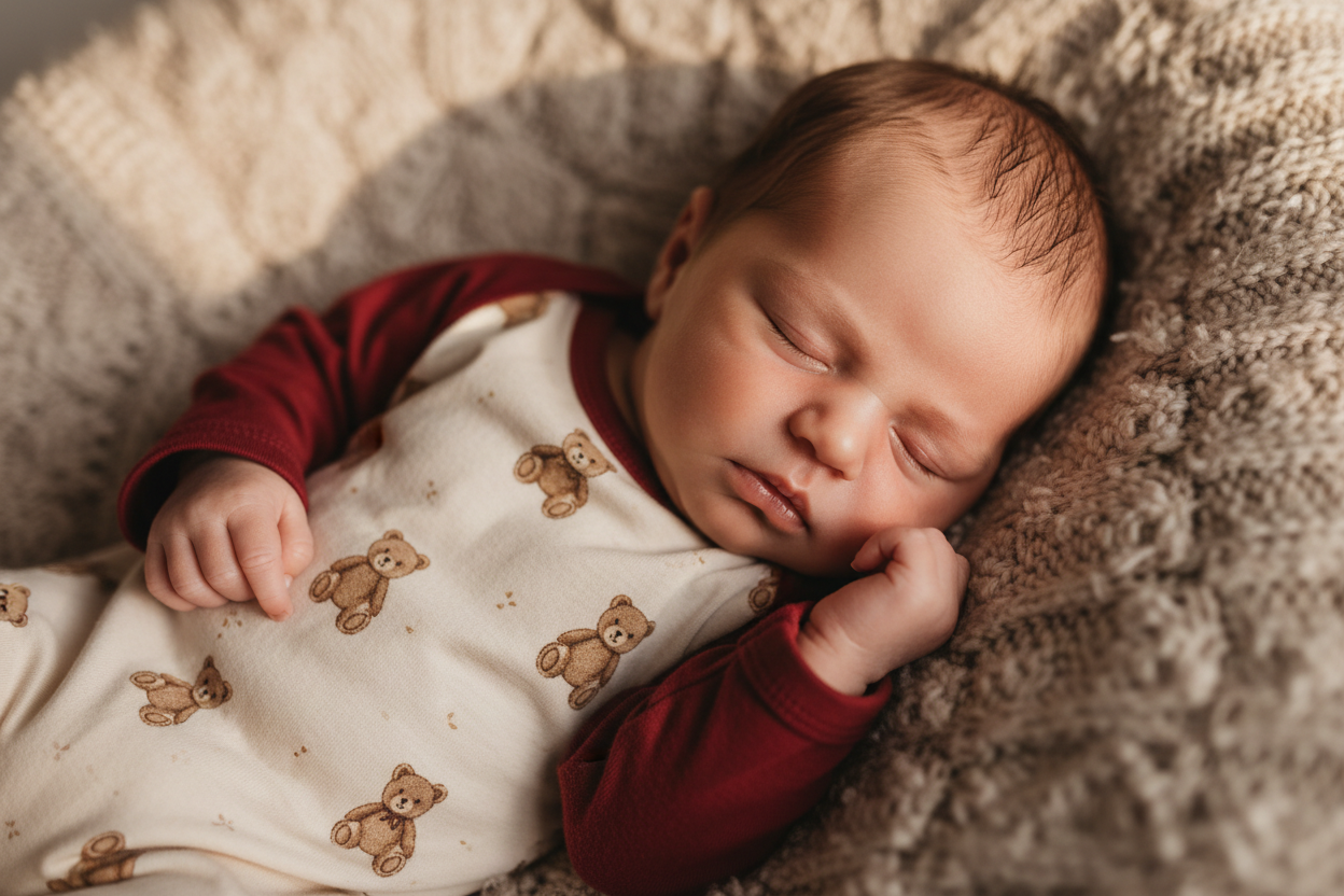 Baby in teddy bear romper with red sleeves