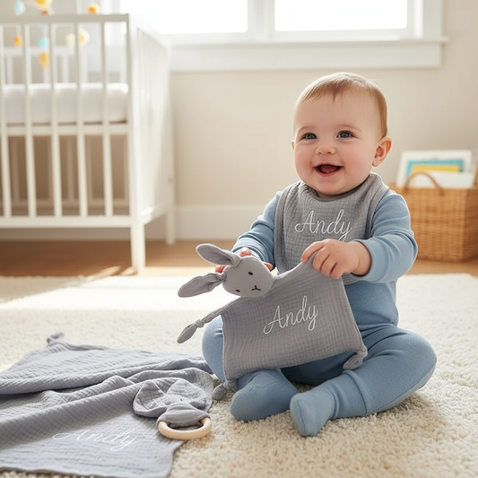 Baby playing with Andy personalized gift set