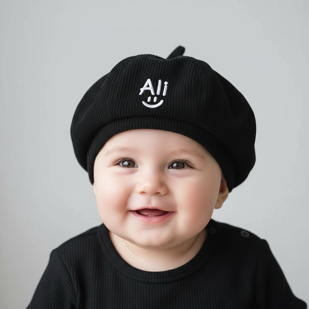 Baby wearing black personalized bucket hat with Ali