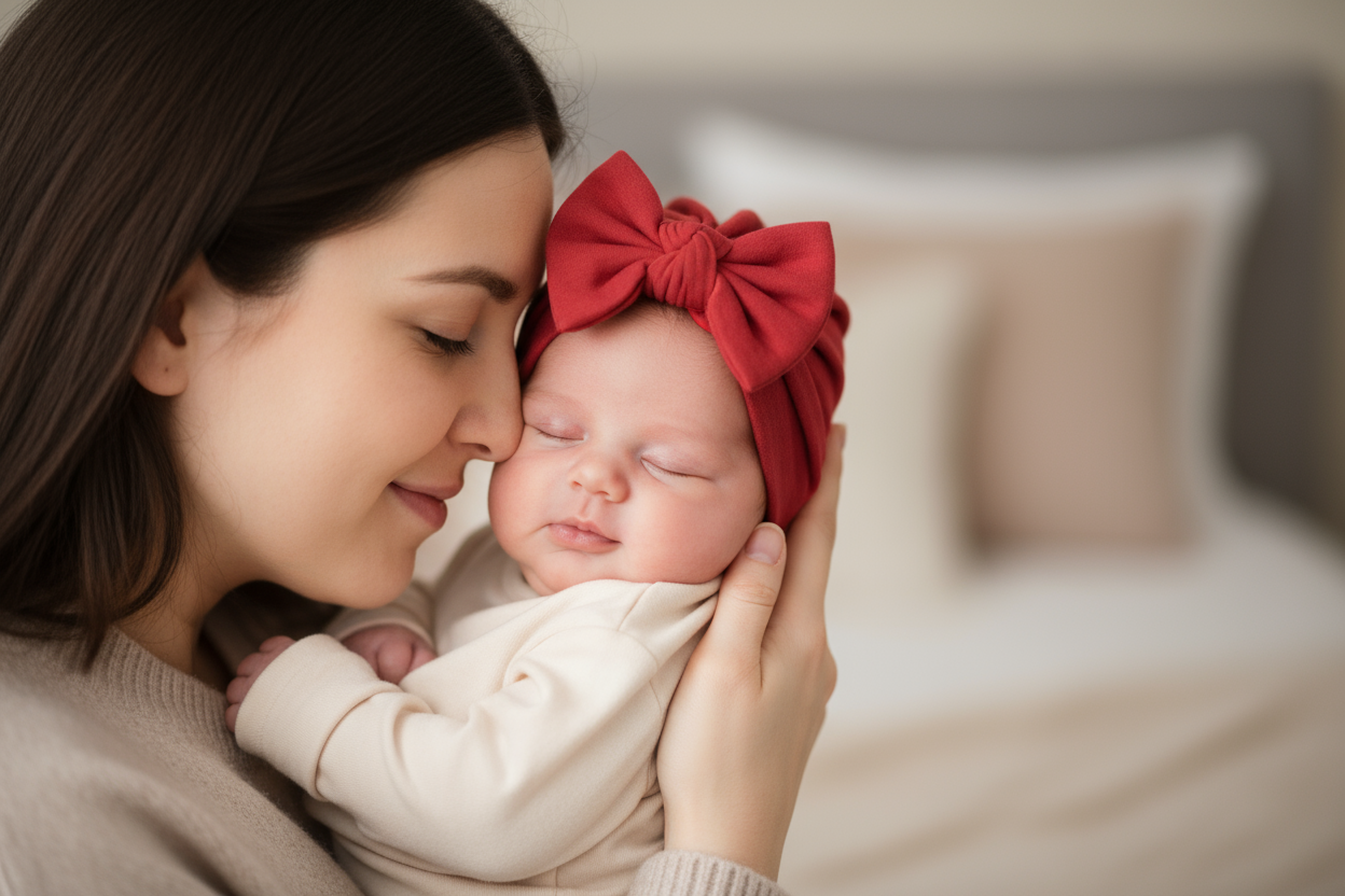 Mother holding baby wearing red beanie hat
