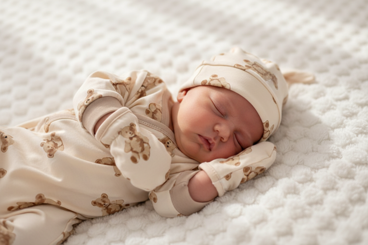 Newborn in giraffe print romper with hat and mittens